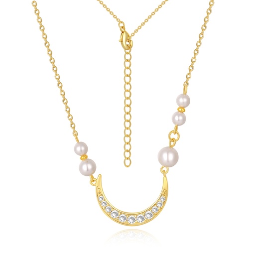 [PD02N0218] Gold Crescent Moon Necklace with Pearl and Crystal Details