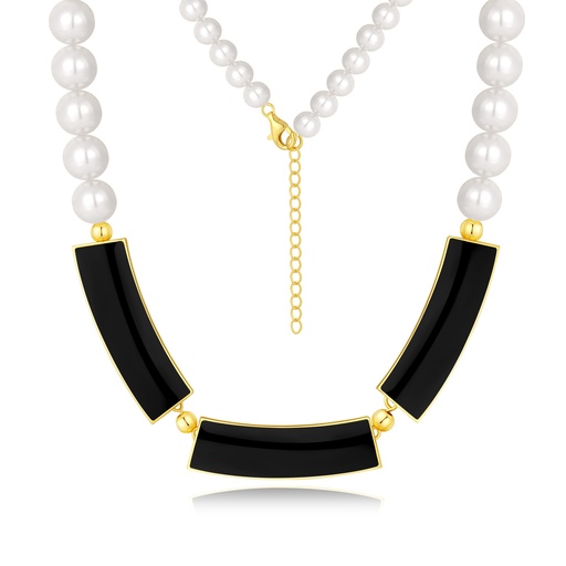 [PD02N0224] Pearl and Black Enamel Geometric Statement Collar Necklace