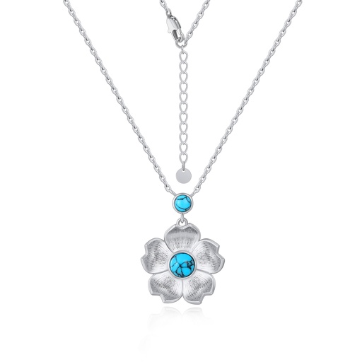 [PD02N0226] Turquoise Blossom Flower Pendant Necklace in Silver Finish