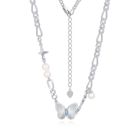 [PD02N0227] Butterfly & Pearl Charm Silver-Plated Brass Chain Necklace