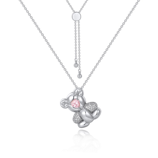[PD02N0231] Cute teddy bear balloon necklace with pink crystal heart charm.