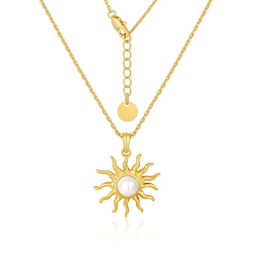 [PD02N0239] Sunburst Gold Pendant Necklace With Radiant Faux Pearl Centerpiece