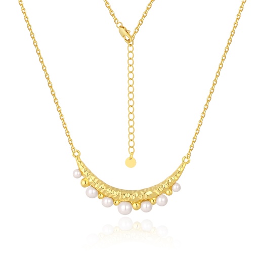 [PD02N0240] Hammered Gold Crescent Necklace With Dangling Pearls And Charm Detail