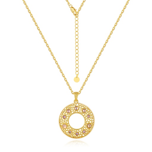 [PD02N0244] Gold Filigree Circle Pendant with Pink Crystal Details