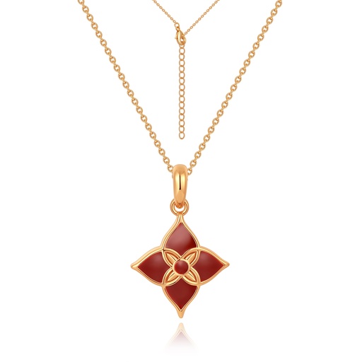 [PD02N0245-2] Red Enamel Floral Pendant Necklace with Classic Gold Plating