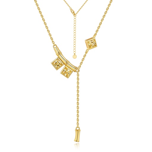 [PD02N0264] Modern Gold Necklace with Geometric Yellow Princess-Cut Crystal Accents