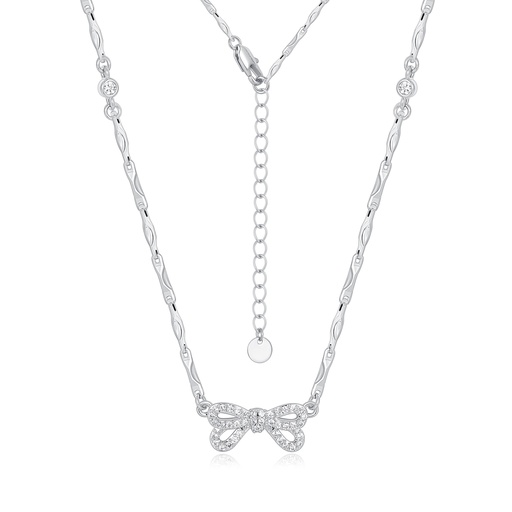[PD02N0266] Delicate Silver Bow Necklace with Sparkling Crystal and Fancy Link Chain