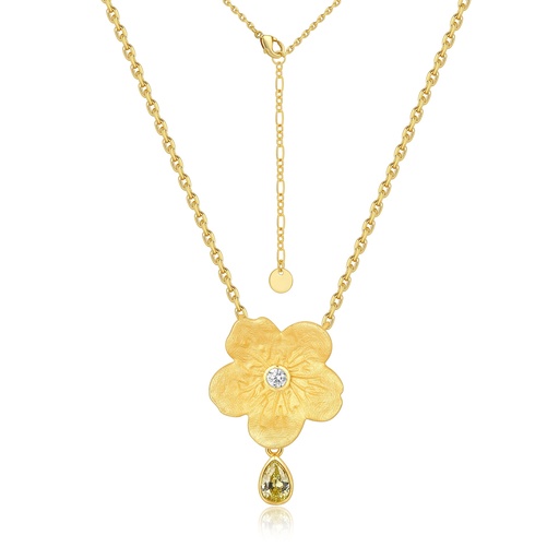 [PD02N0268] Golden Floral Pendant Necklace with Sparkling Crystal and Drop Accent