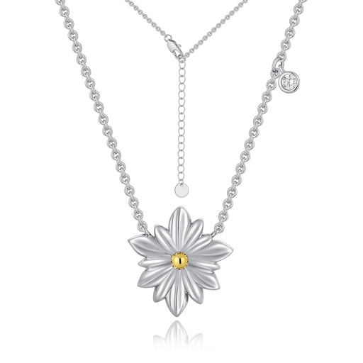 [PD02N0269] Silver Daisy Necklace with Yellow Center and Delicate Crystal Charm