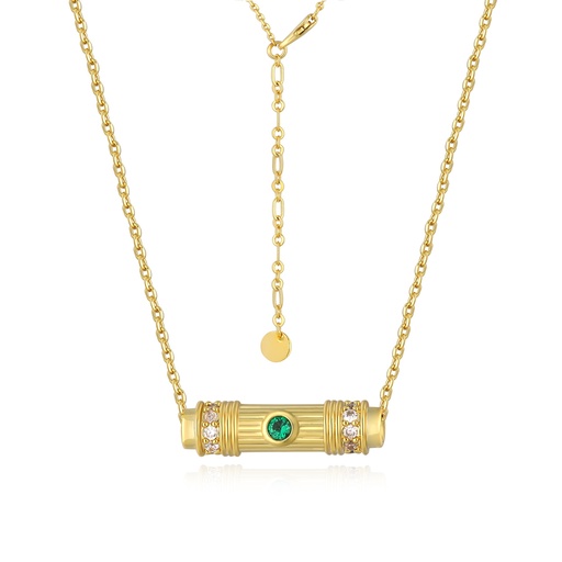 [PD02N0272] Gold-Plated Cylinder Pendant Necklace with Green Center and Sparkle Accents
