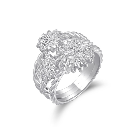 [PD02R0058] Triple Daisy Cluster Ring with Rope-Twist Band – Silver Brass