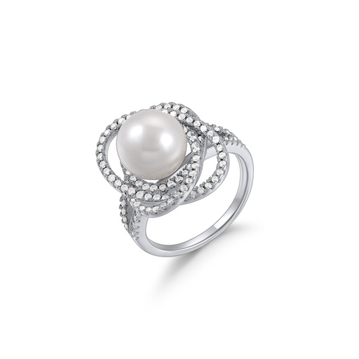 [PD02R0079] Elegant Pearl-Inspired Brass Ring with Paved Swirl Frame