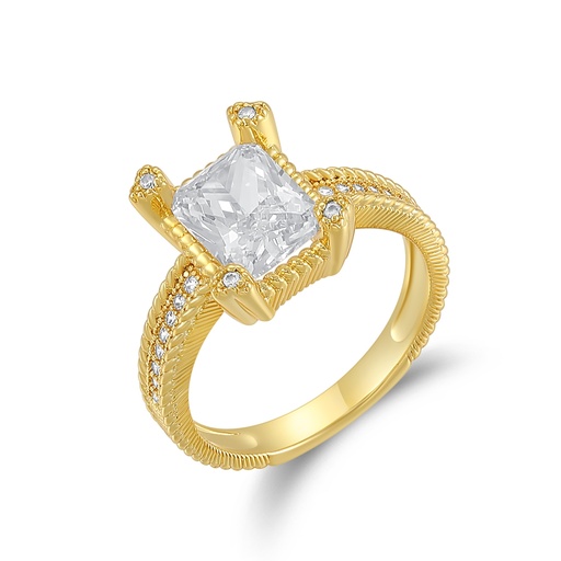 [PD02R0082] Vintage Rope Gold Ring with Clear Radiant Center and Accents