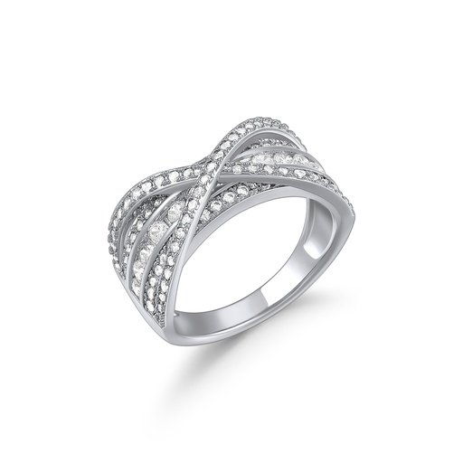 [PD02R0086] Crossover White CZ Pave Ring in Rhodium-Plated Brass