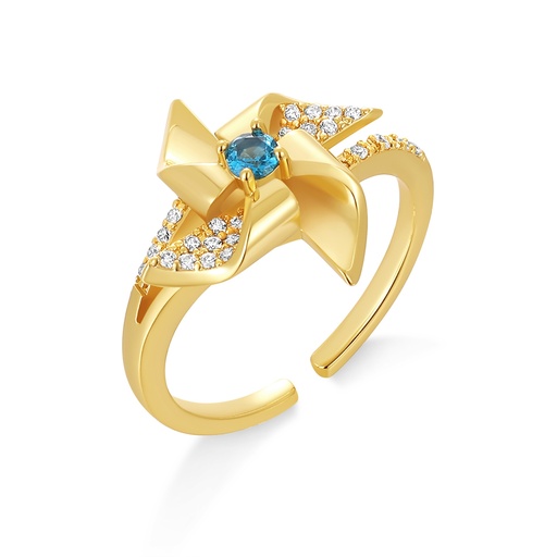 [PD02R0099] Gold Pinwheel Design Ring with Sparkling Blue Center Stone