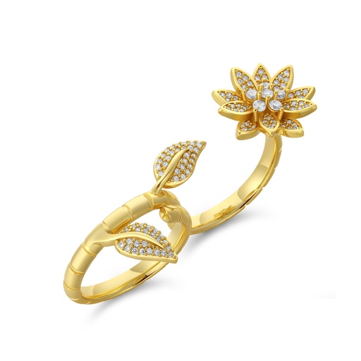 [PD02R0105] Floral Bloom Brass Ring with Sparkling Crystal Leaf Accents
