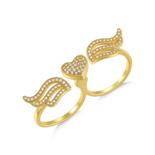 [PD02R0106] Golden Double Heart Ring with Angel Wing Diamond Accents