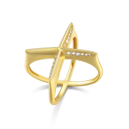 [PD02R0107] Golden Cross-Over X Ring with Subtle Diamond Embellishment