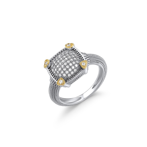[PD02R0113] Silver Square Brass Ring with Gold Prongs and CZ Shine