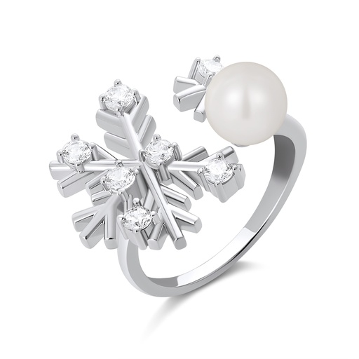 [PD02R0115] Snowflake Pearl Brass Ring with Winter-Inspired Elegant CZ Shine
