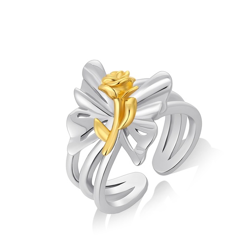 [PD02R0122] Rose Bloom Gold and Silver Adjustable Brass Statement Ring
