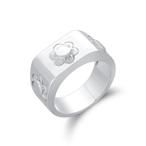 [PD02R0131] Polished Silver Flower Ring with Engraved Botanical Details