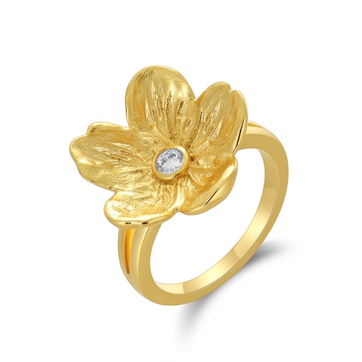 [PD02R0156] Textured Blossom Ring in Gold Finish with Crystal Centerpiece