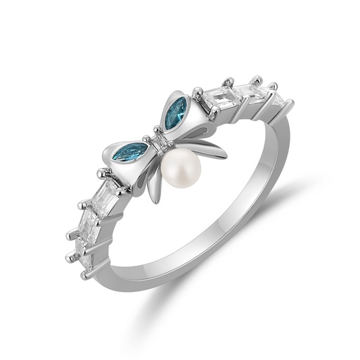 [PD02R0160] Silver Butterfly Ring with Blue Zircon and Pearl Accent