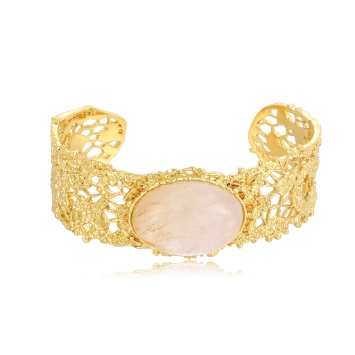 [SH08B0318] Golden Filigree Cuff with Rose Quartz Centerpiece