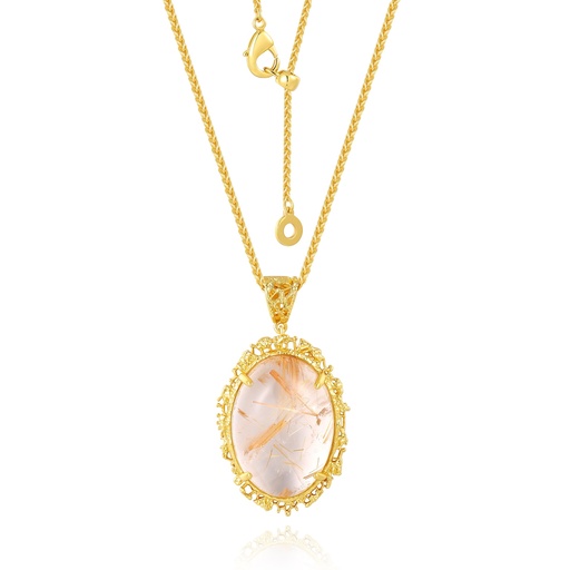 [SH08N0293] Elegant Golden Necklace with Oval Rutilated Quartz Centerpiece Charm