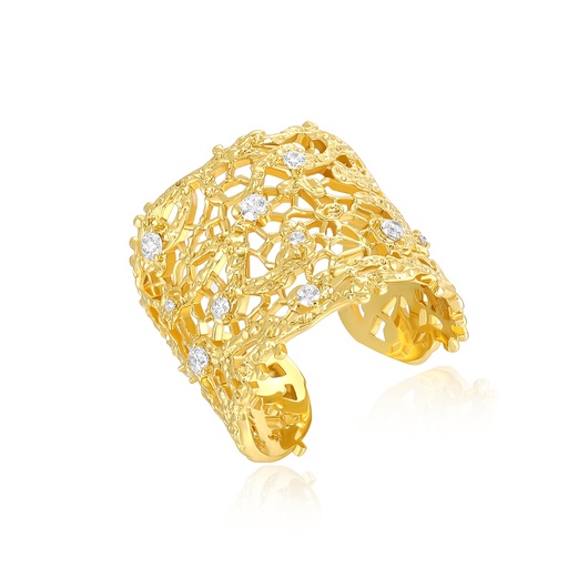 [SH08R0296] Statement Brass Gold Ring with Lace-Like Structure and Crystals