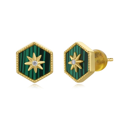 [SZ05E0018] Hexagon Green Enamel Stud Earrings with Star and Crystal Center