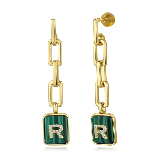 [SZ05E0022] Elegant Link Drop Earrings with Green Malachite Letter R Design