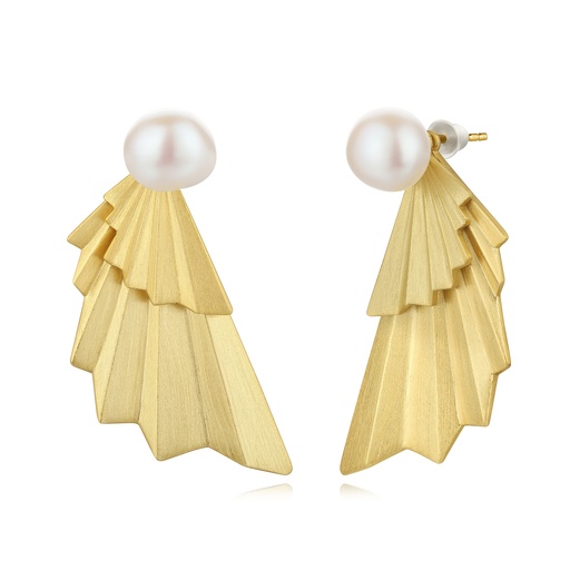 [SZ05E0027] Modern Geometric Brass Earrings with Elegant Fan and Pearl Accents
