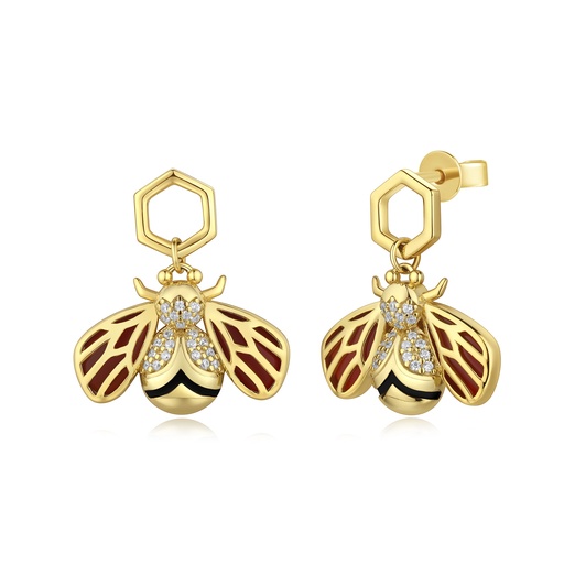 [SZ05E0213] Honeybee Drop Earrings With Enamel Wings And CZ Accents