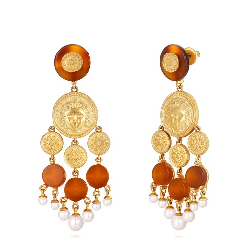 [SZ05E0322] Statement Gold Coin Earrings With Medusa And Pearl Drops