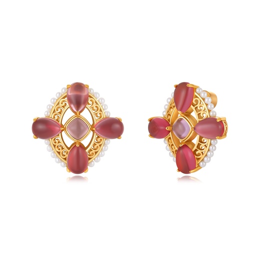 [SZ05E0594] Elegant floral brass earrings with red stones and pearls