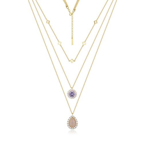 [SZ05N0017] Elegant triple-layered necklace with purple charm and teardrop pendant