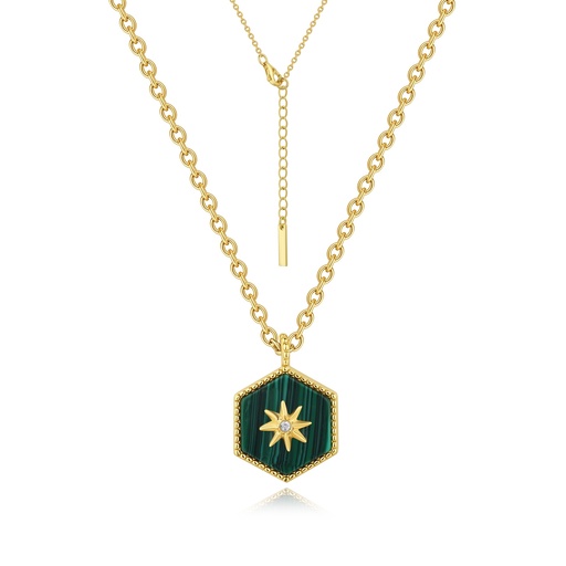 [SZ05N0020] Brass chain necklace with green malachite and gold star charm