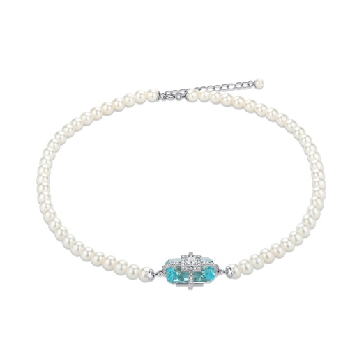 [SZ05N0043] Classic pearl choker with aqua gem and sparkling centerpiece