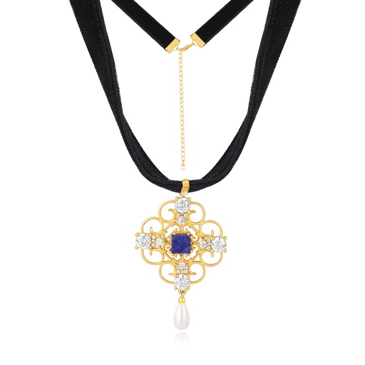 [SZ05N0113] Elegant Baroque Velvet Choker with Blue Gem and Pearl Drop