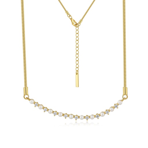 [SZ05N0226] Gold Bar Necklace with Alternating Pearls and Dazzling Crystals
