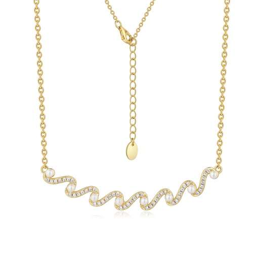 [SZ05N0245] Wave-Inspired Gold Necklace with Pearls and Crystal Accents