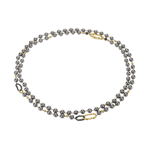 [SZ05N0516] Double Strand Gunmetal Beads Necklace with Gold Accent Links