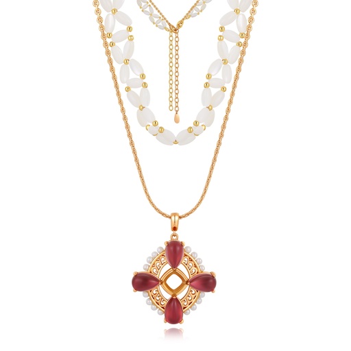 [SZ05N0595-1] Triple Layer Pearl And Gold Necklace With Red Center Pendant