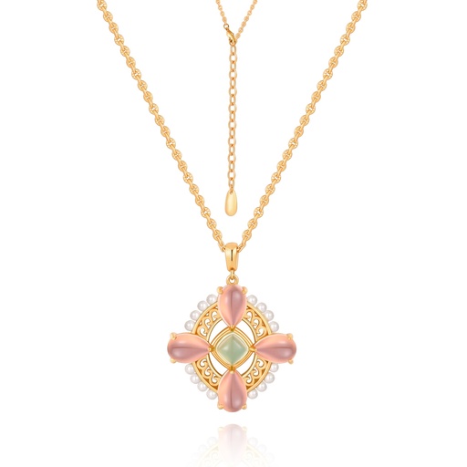 [SZ05N0595-2] Pink Teardrop Pendant Brass Necklace With Faux Pearls And Gems