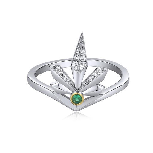 [SZ05R0062] Silver Spike Leaf Ring With Emerald And White Zircon
