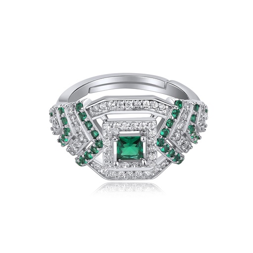 [SZ05R0071] Emerald Square Halo Ring With Art Deco Inspired Lines
