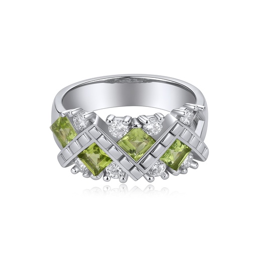 [SZ05R0073] Green CZ Crisscross Silver Ring with Radiant Sparkle