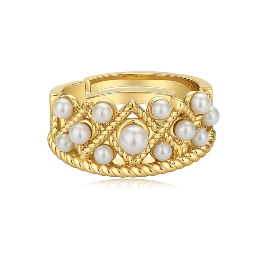 [SZ05R0236] Golden Crown-Inspired Ring with Faux Pearls and Twisted Detail